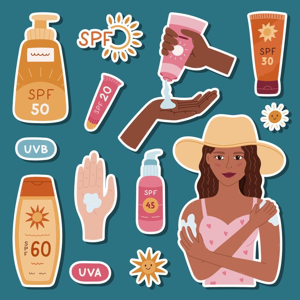 Lovely cartoon sticker layout about skin and body care with sunblock cosmetic for planners, notebook, diary. Ready for print list of stickers with women applying sunscreen, palm, SPF bottles vector