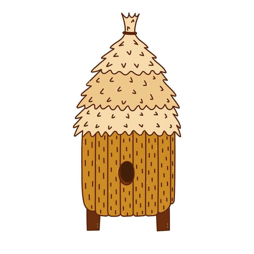Lovely bright doodle man made bee hive with straw roof, hardwood, dark hole. Childish hand drawn beehive, nest for honey bees. Doodle concept of farming, beekeeping isolated on white for design. vector
