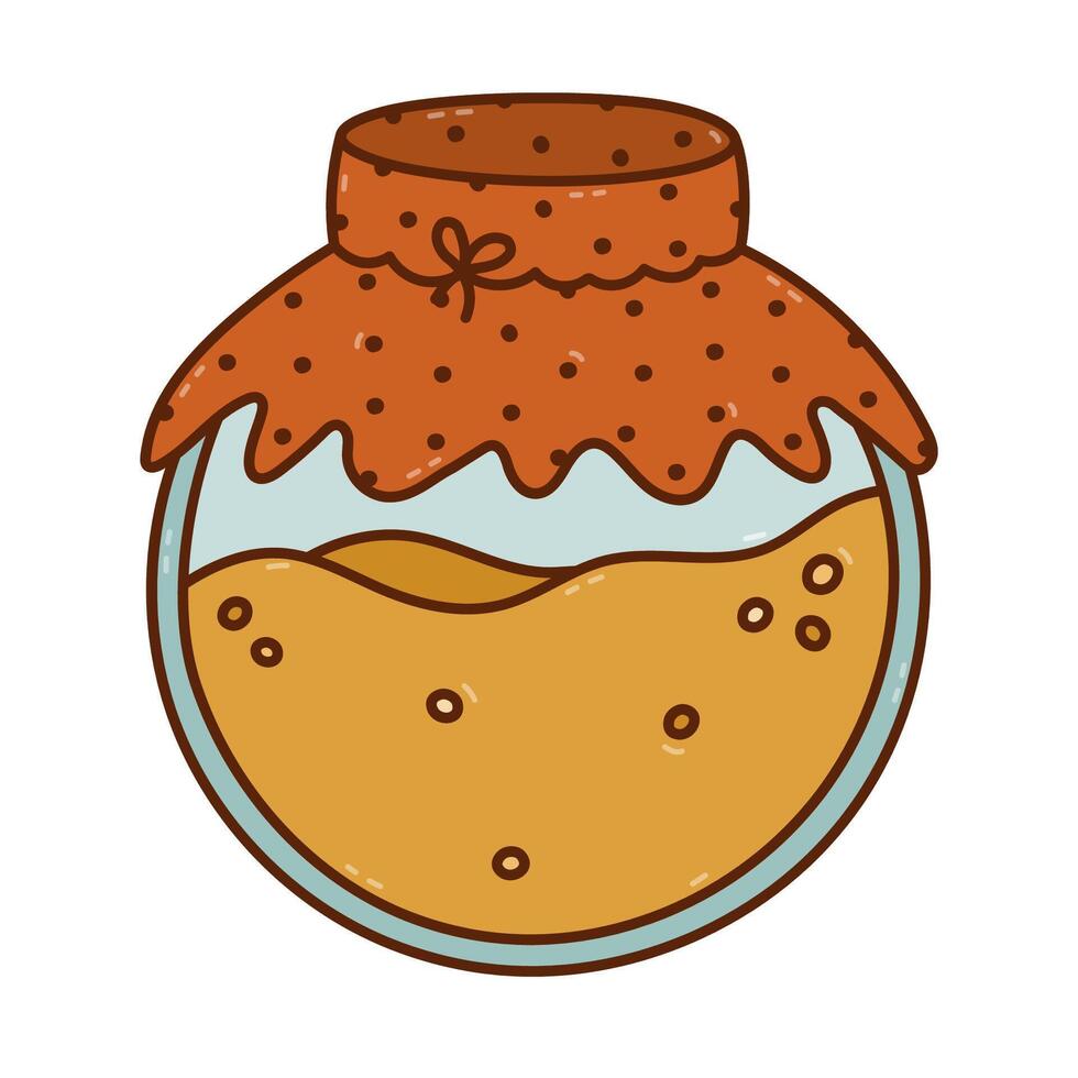 Lovely colored doodle closed glass jar full of honey with textile with polka dot pattern and string bow. Childish hand drawn glassware honey pot with bubbles isolated on white. Yummy organic sweets vector