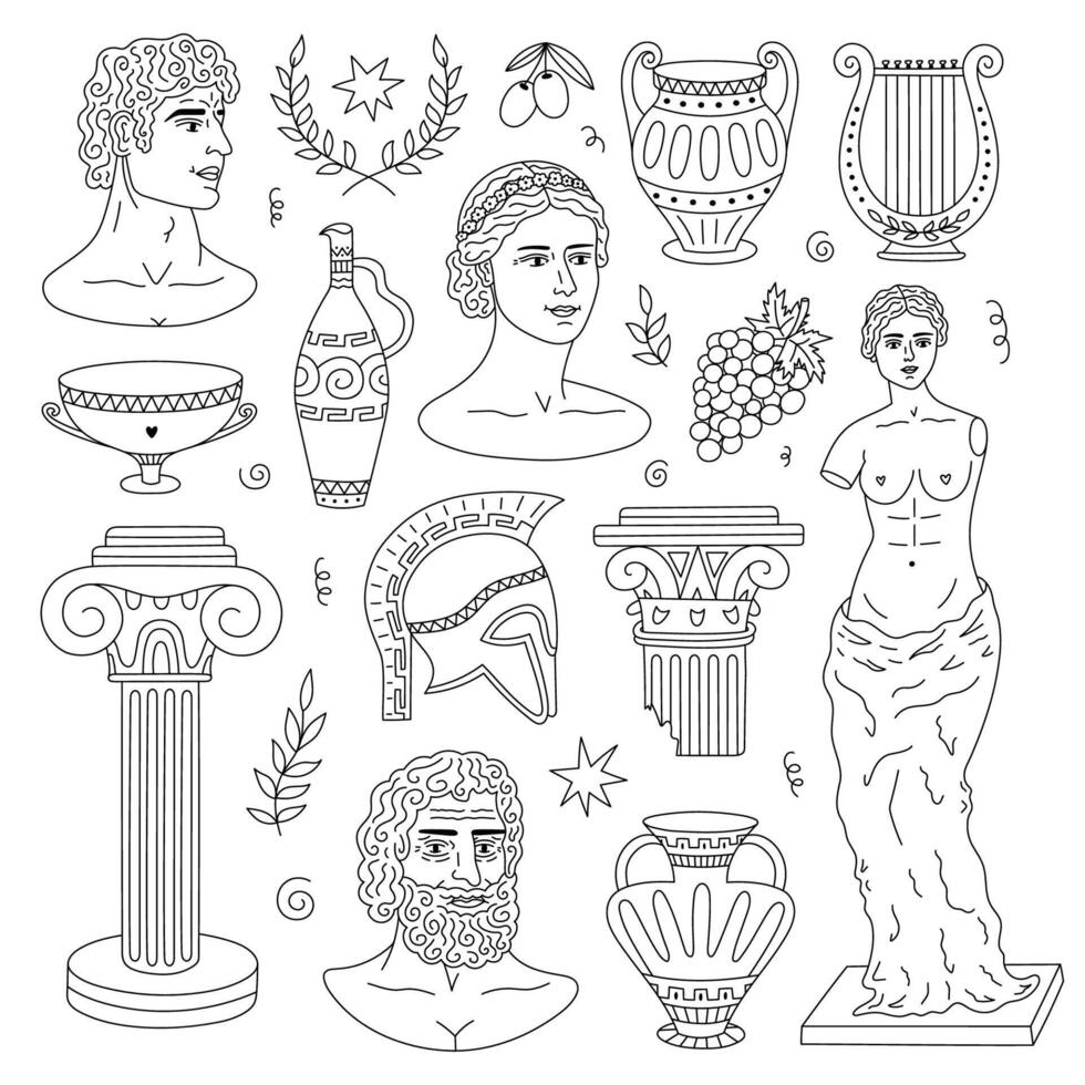 Lovely outline set of antique classical Greece symbols, marble human busts, aged vases and amphora, harp, laurel wreath. Hand drawn trendy doodle of Greek culture and mythology isolated on white. vector
