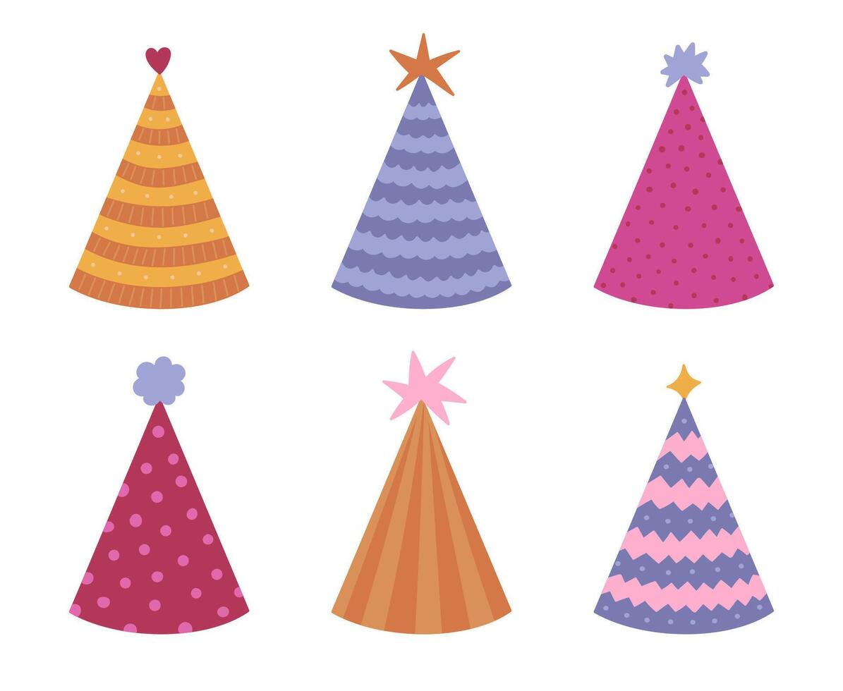 Lovely birthday party hat set in vivid colours with different ornament and pompons. Hand drawn flat paper cone for festive occasion, Happy Birthday. New Year cap collection isolated on background. vector