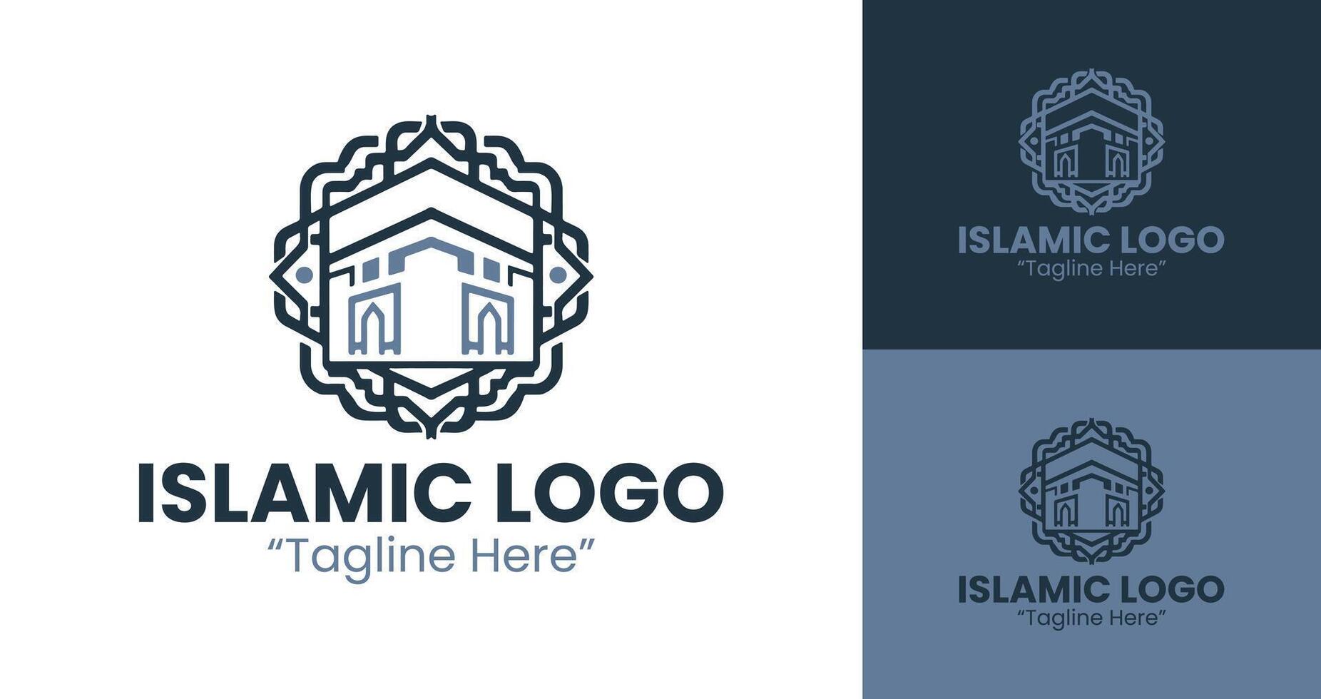 Elegant Islamic Logo with Kaaba and Crescent for Brand Identity and Business Solutions in Light Blue and Dark Blue vector