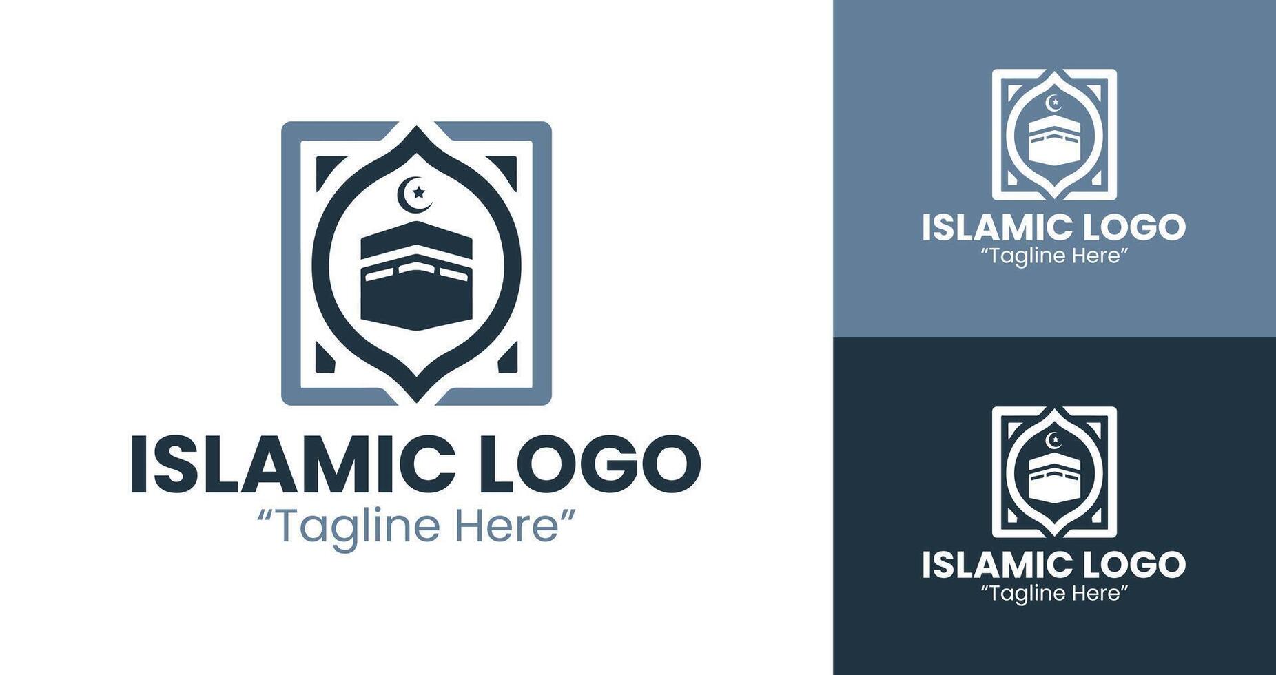 Minimalist Islamic Logo with Kaaba and Crescent for Elegant Branding Solutions and Business Identity in Light Blue and Dark Blue vector