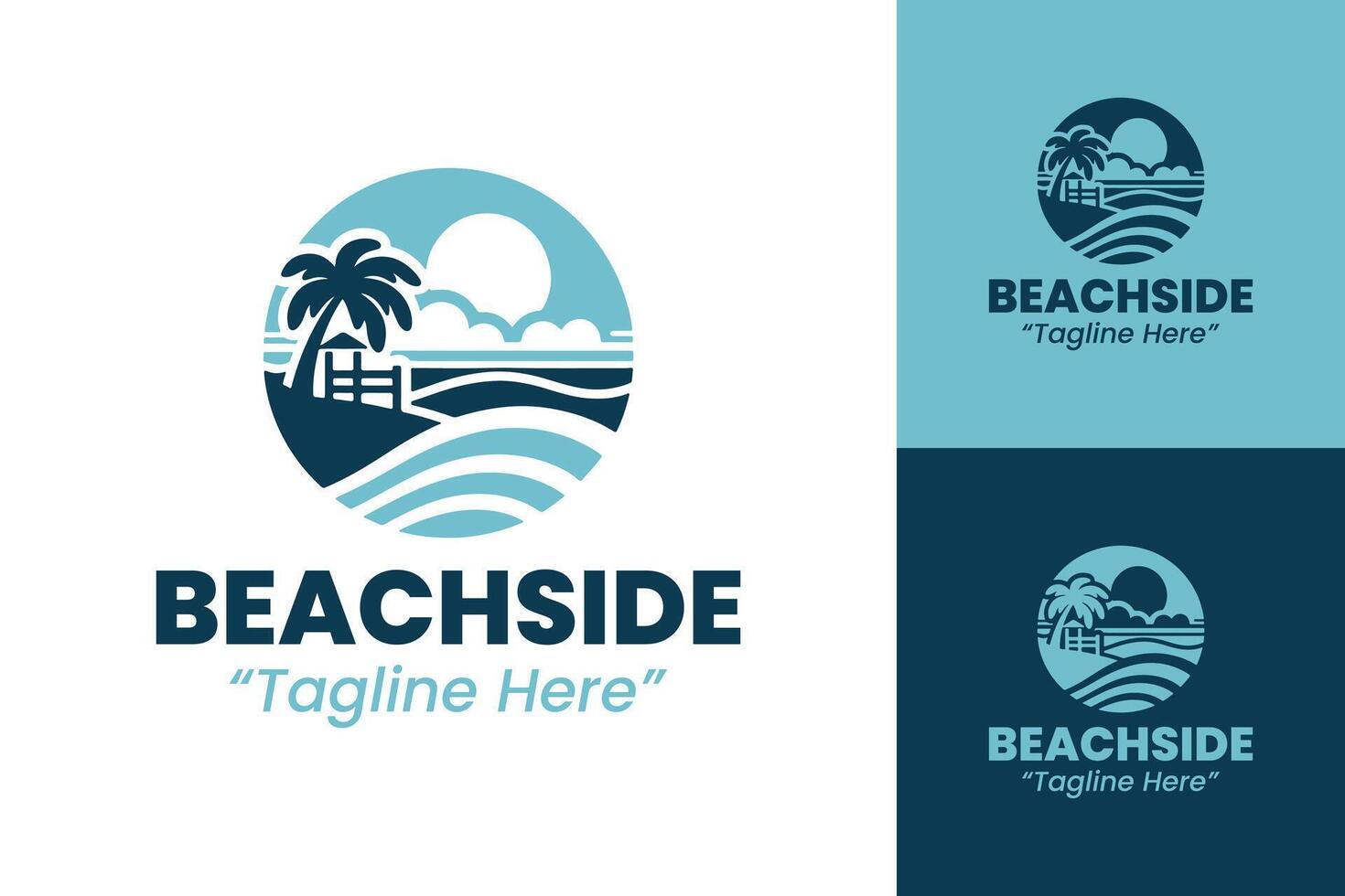 Beachside Logo with Waves, Palm Trees, and Sun for Vacation and Travel vector