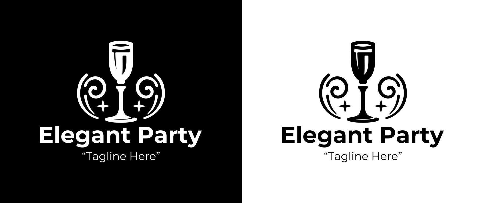 Stylish Elegant Party Logo with Wine Glass and Decorative Elements in Black and White vector