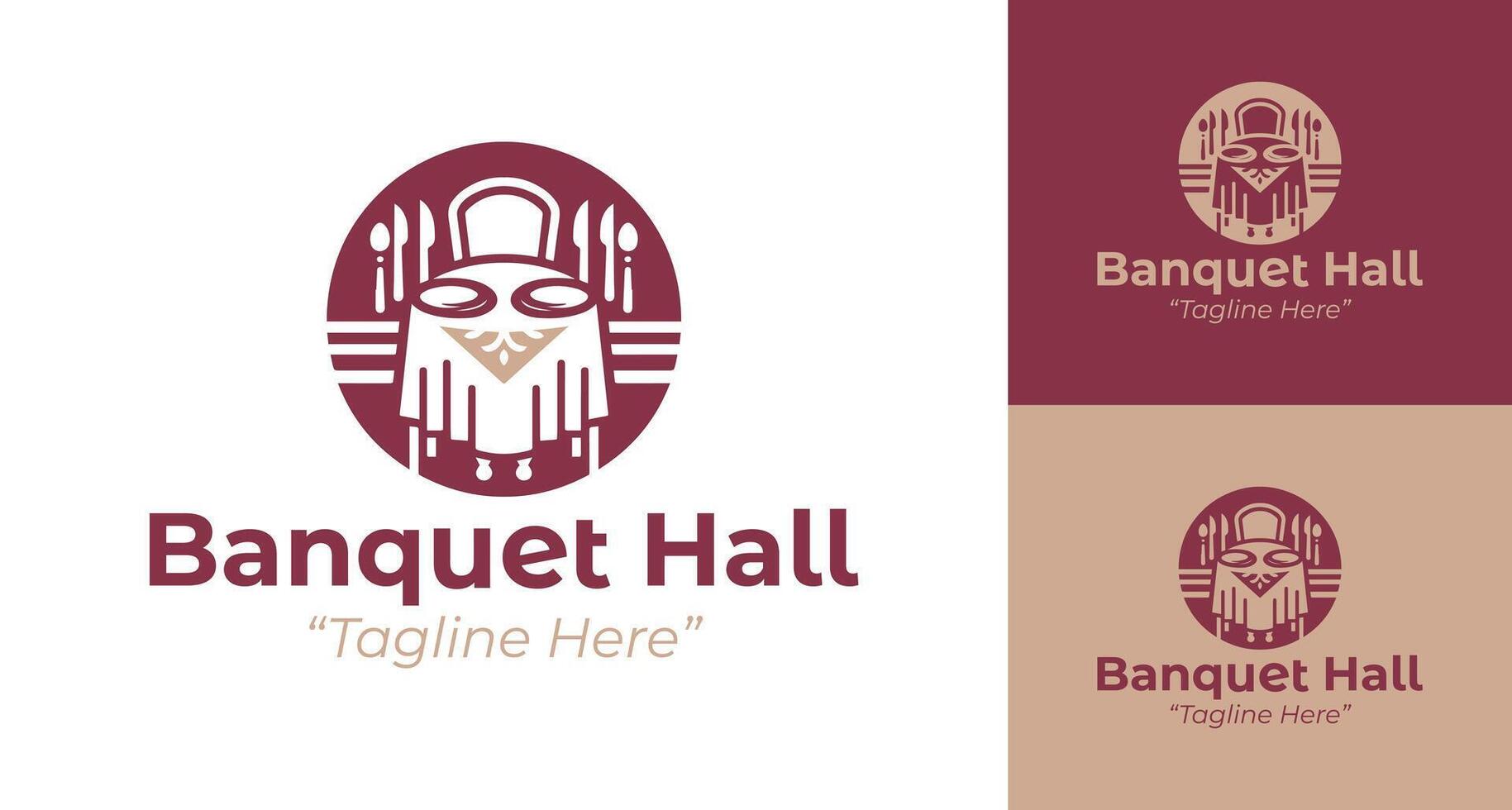Minimalist Banquet Hall Logo Featuring Dining Table with Silverware in Burgundy vector