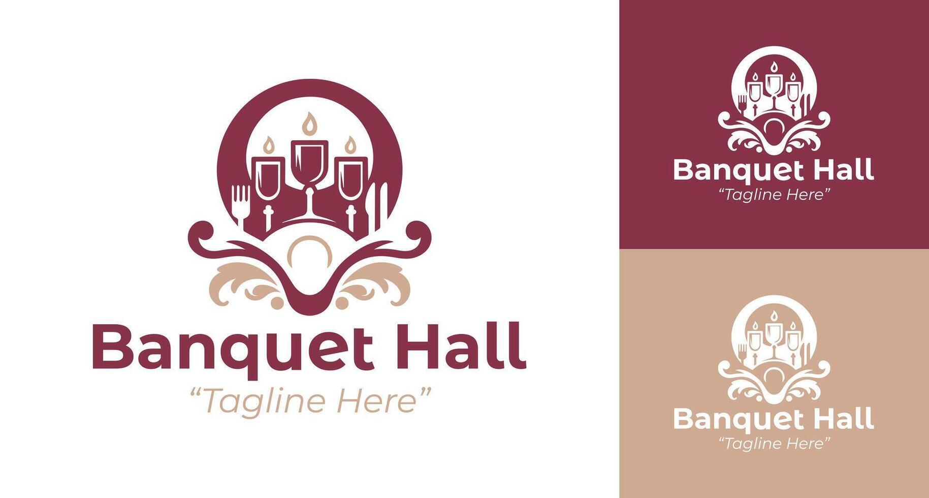 Elegant Banquet Hall Logo Design with Wine Glasses and Candle Icon in Burgundy vector