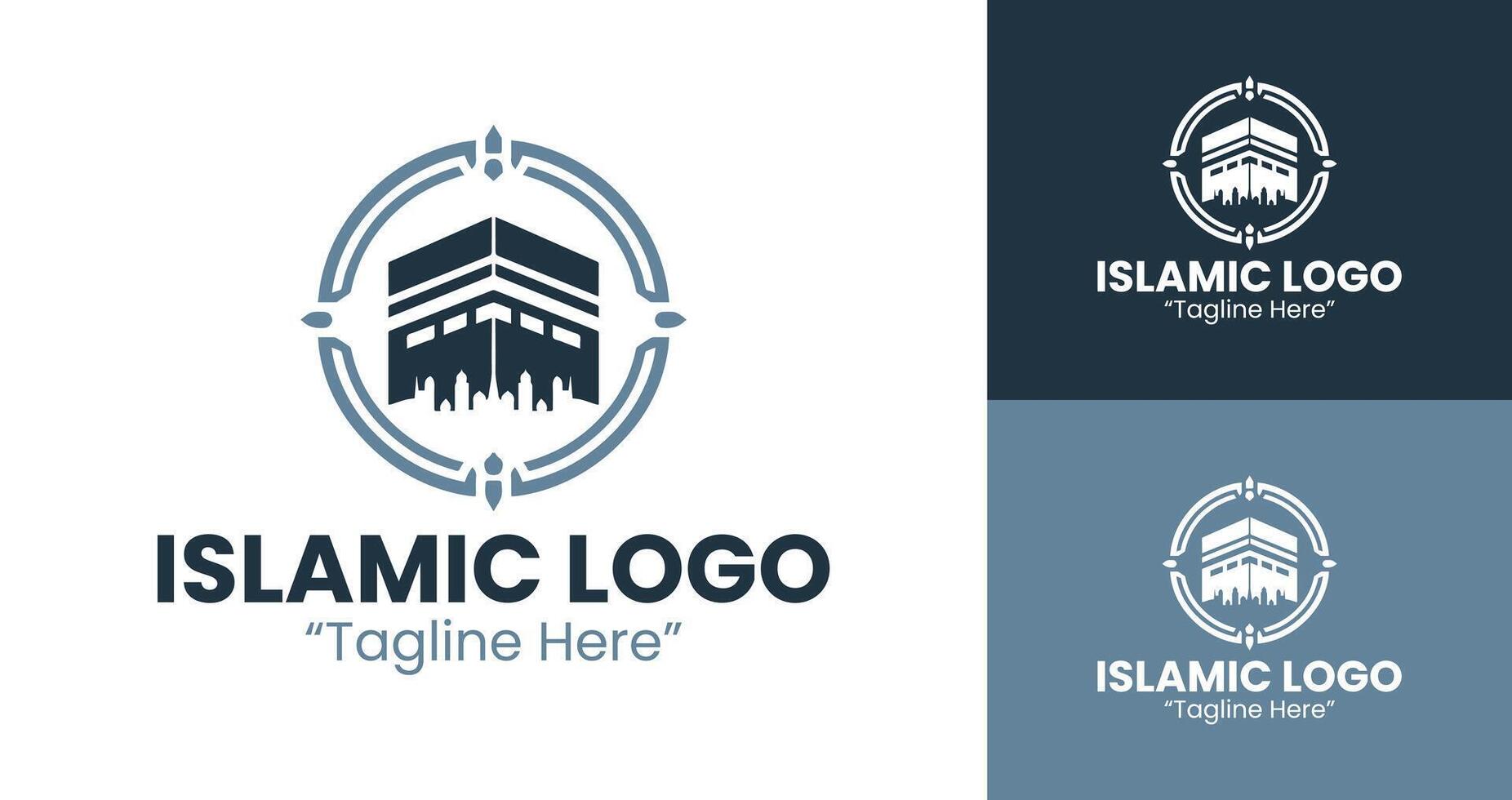 Minimalist Islamic Logo with Kaaba Inside Circle Frame for Elegant Corporate Identity in Light Blue and Dark Blue vector