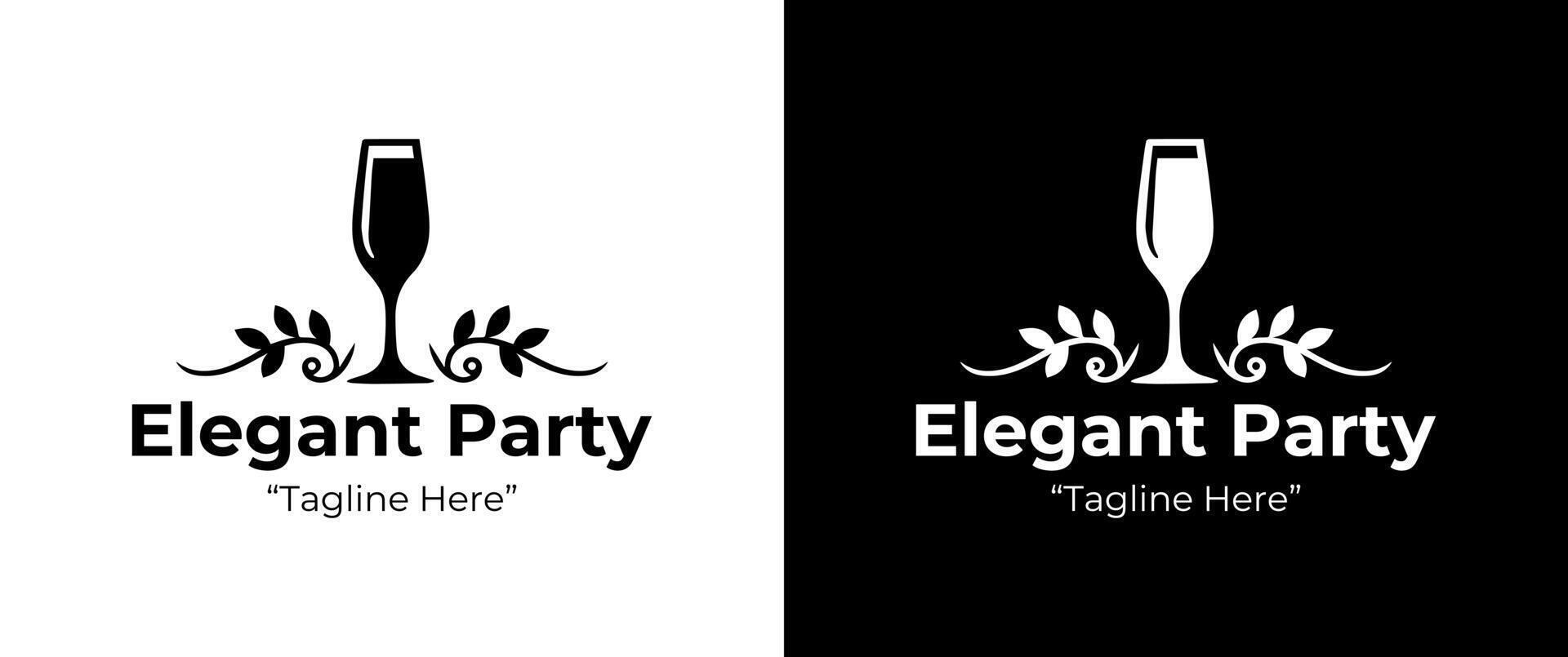 Elegant Party Logo Design with Wine Glass and Floral Elements in Black and White vector