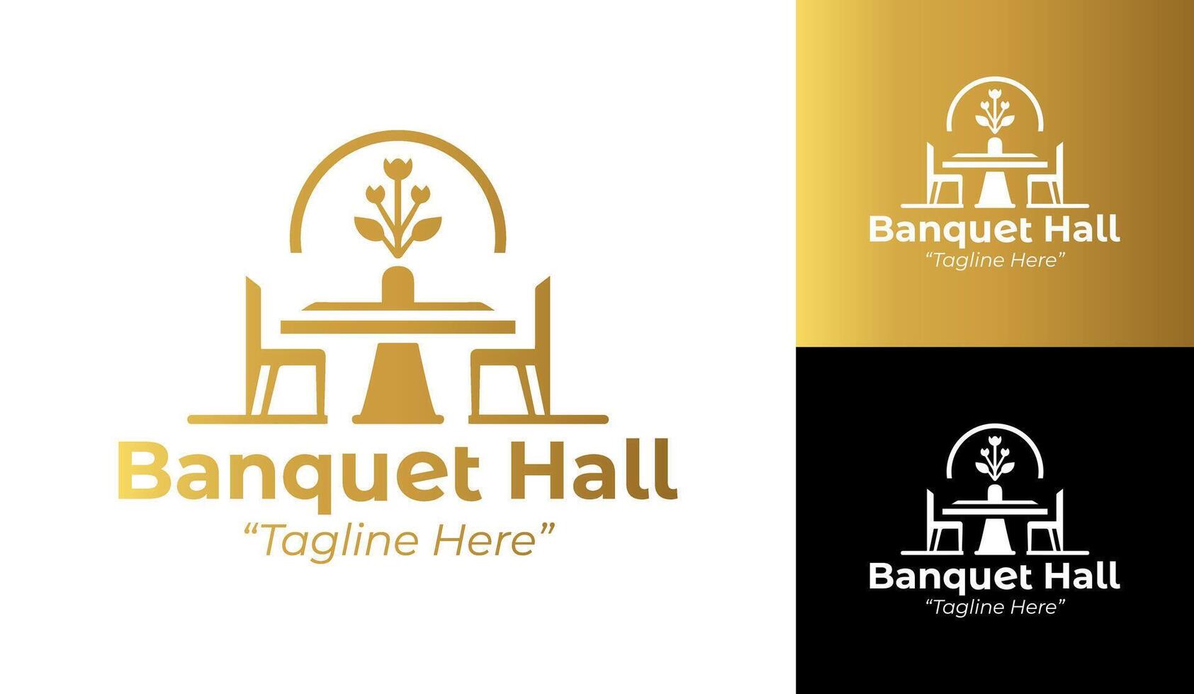 Golden Elegant Banquet Hall Logo Featuring Floral and Table Icon vector