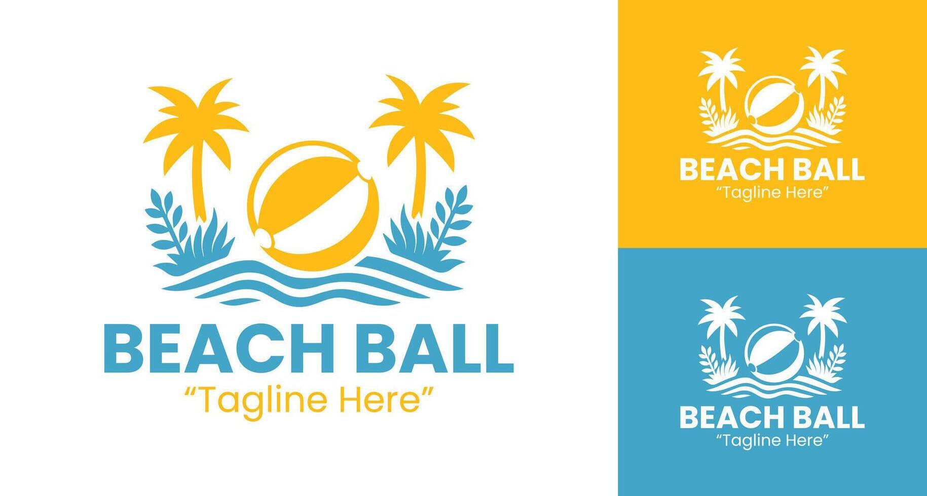 Creative Beach Ball Logo Design with Palm Trees and Waves in Blue and Yellow vector