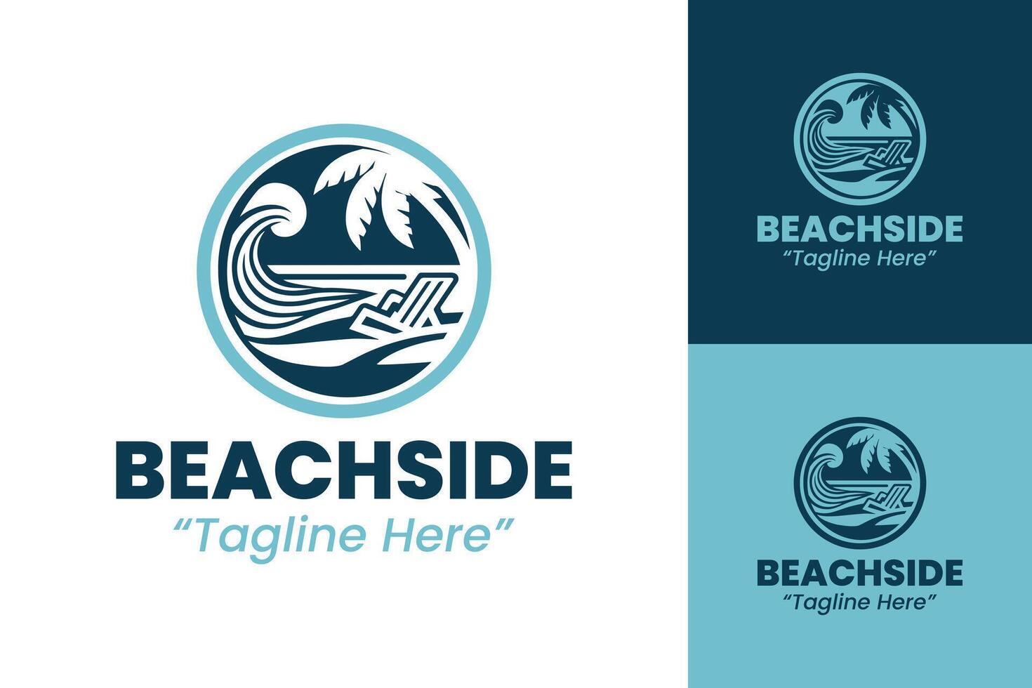 Beachside Logo with Palm Tree and Waves in Blue and Teal for Beach Events vector