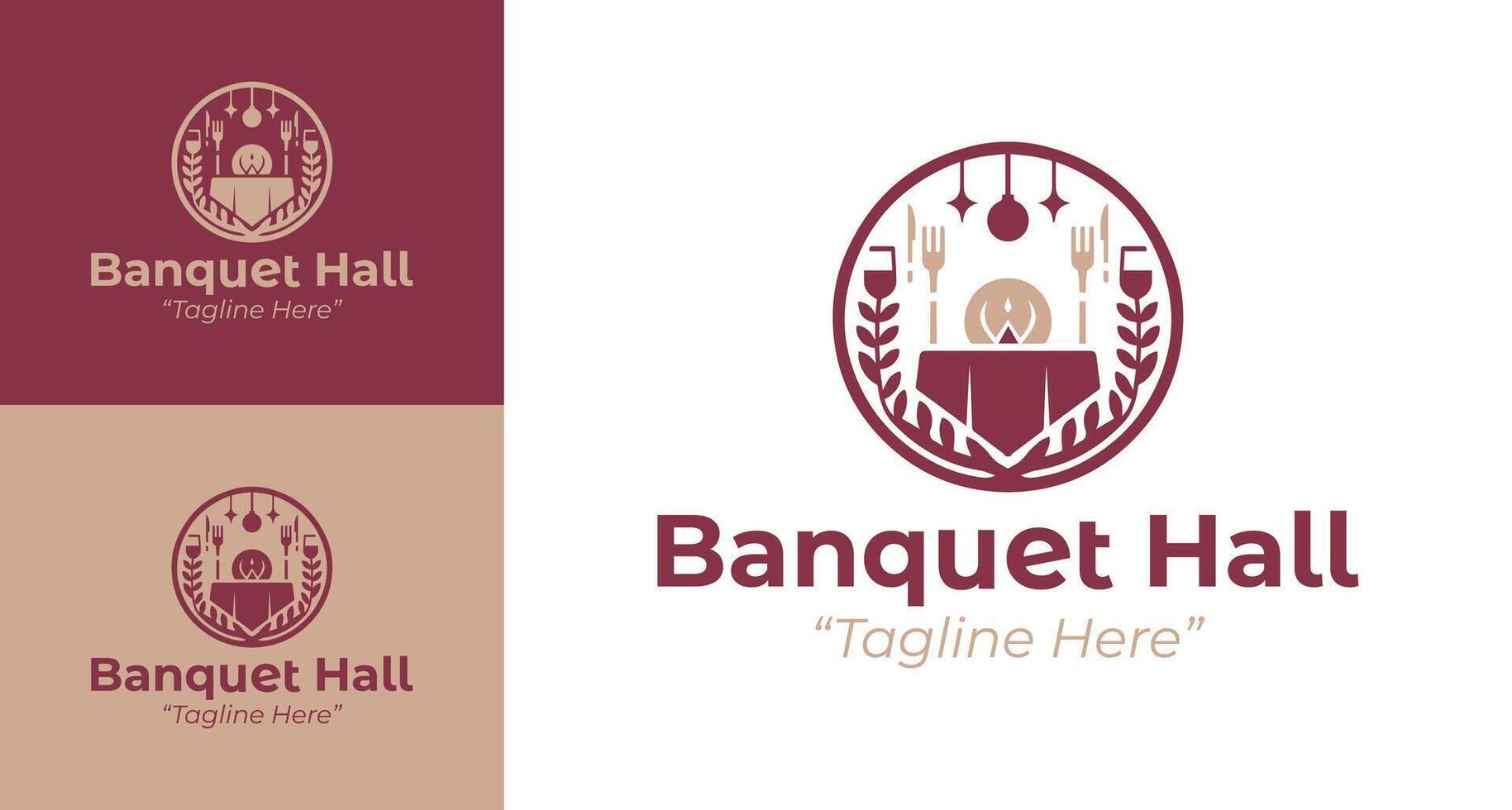 Creative Banquet Hall Logo with Floral and Candle Design in Burgundy and Beige vector