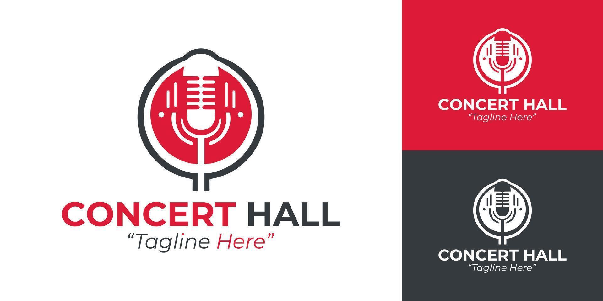 Red and Black Concert Hall Logo Featuring Microphone and Music Vibes vector