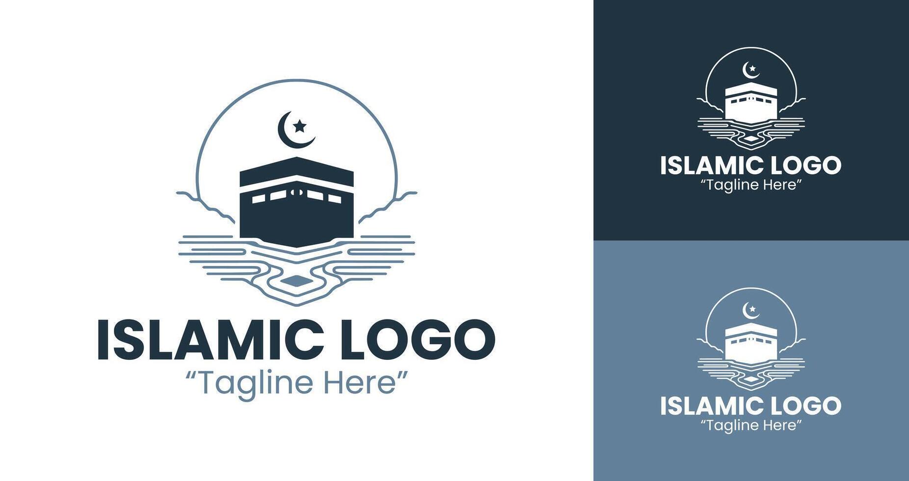 Islamic Logo with Kaaba and Crescent Design for Business Branding and Modern Identity in Light Blue and Dark Blue vector