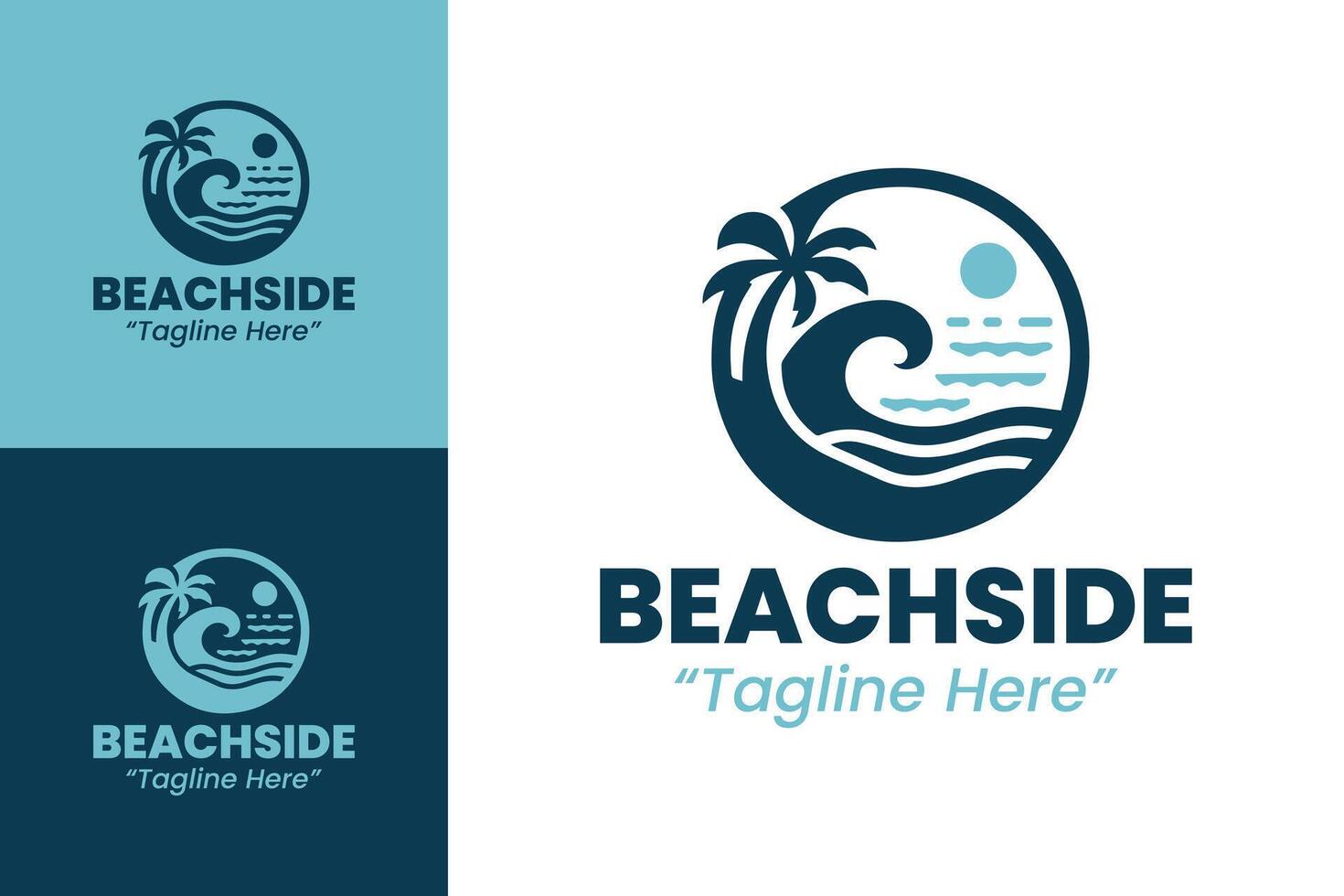 Seaside Event Logo with Palm Trees, Waves, and Sun in Blue and Teal vector