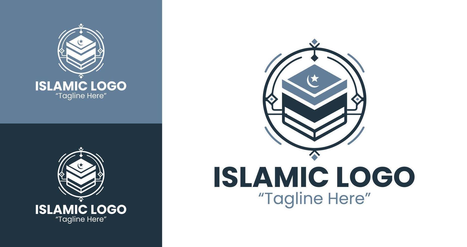 Creative Islamic Logo Design with Kaaba and Crescent for Corporate Identity and Branding Solutions in Light Blue and Dark Blue vector