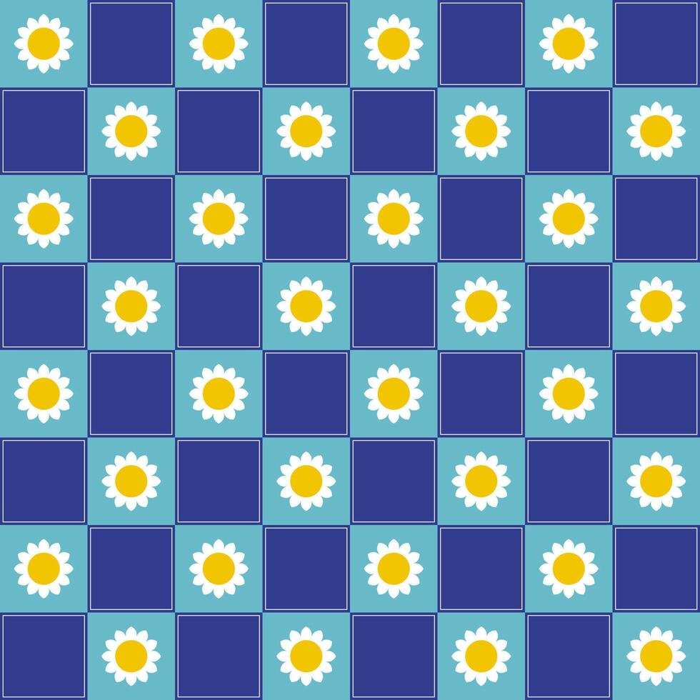 Seamless floral with blue checkered pattern with camomiles. Repeat design with daisy wallpaper. Fashion blossom print illustration. vector