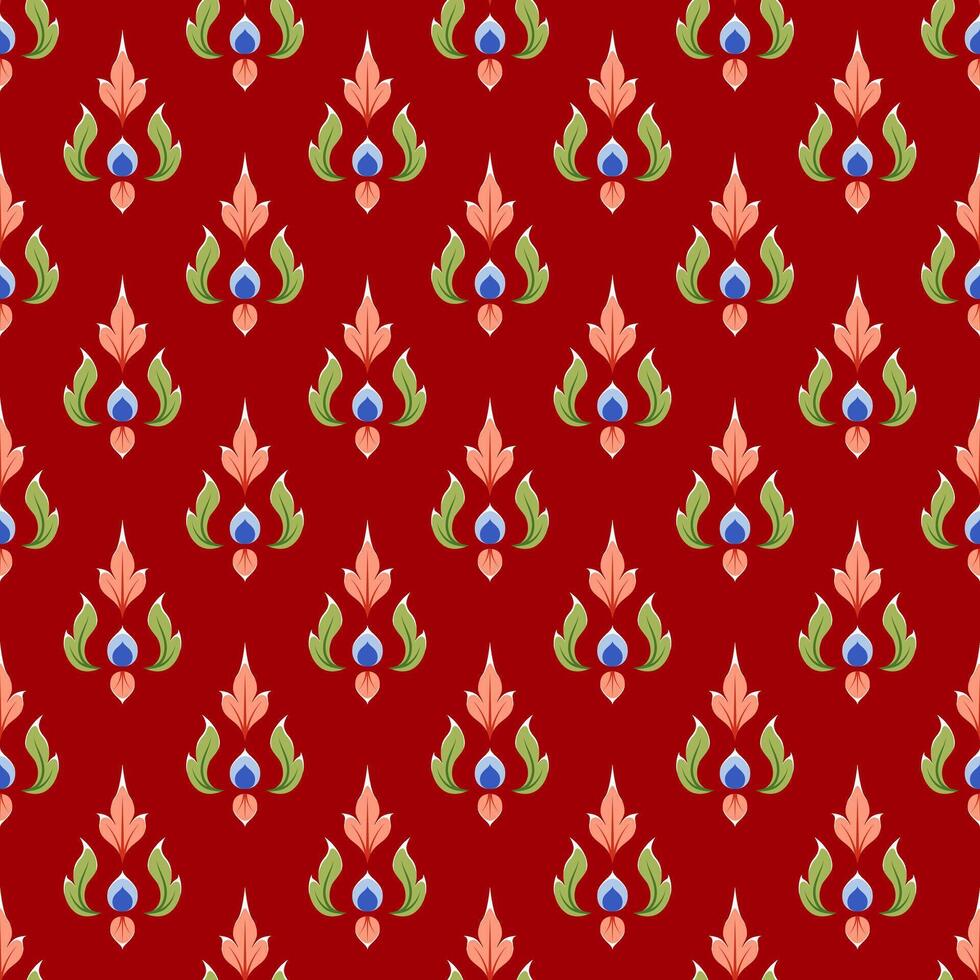Seamless Thai pattern on red background. Colored traditional repeat design wallpaper. Abstract asian floral ornament. vector