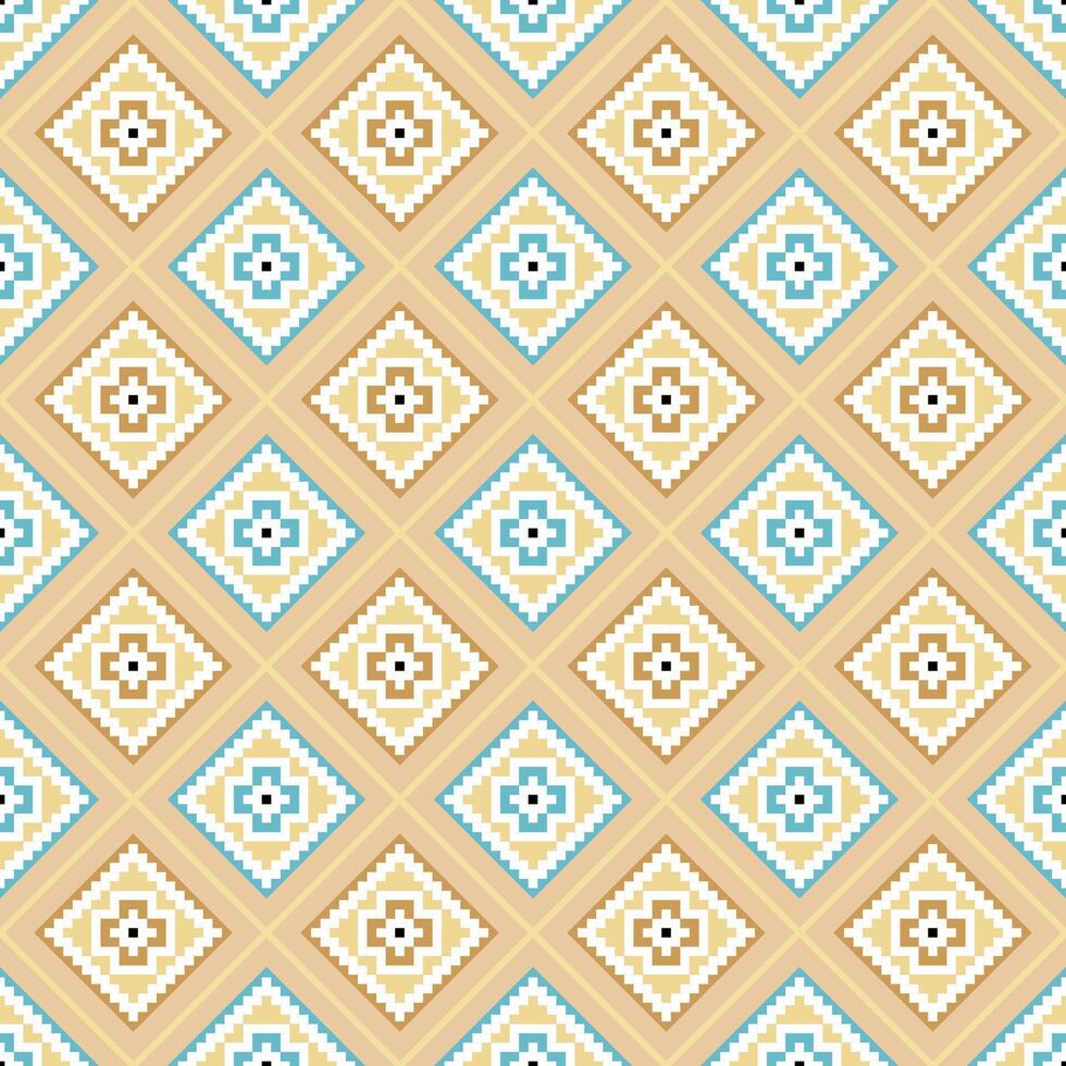 Seamless abstract ethnic geometric pattern with brown, yellow, and blue. Repeat rhombus design wallpaper. vector