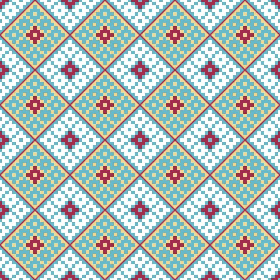 Seamless abstract ethnic geometric pattern with blue, white, yellow, and pink. Repeat rhombus design wallpaper. vector