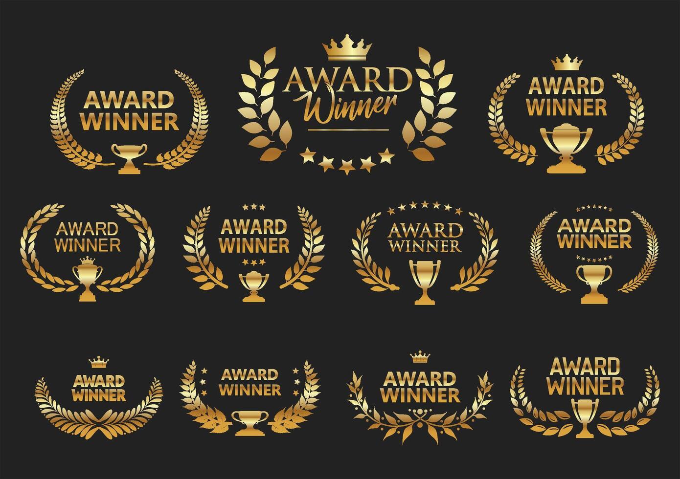 Award Winner emblem set of gold laurel wreath isolated on black background vector