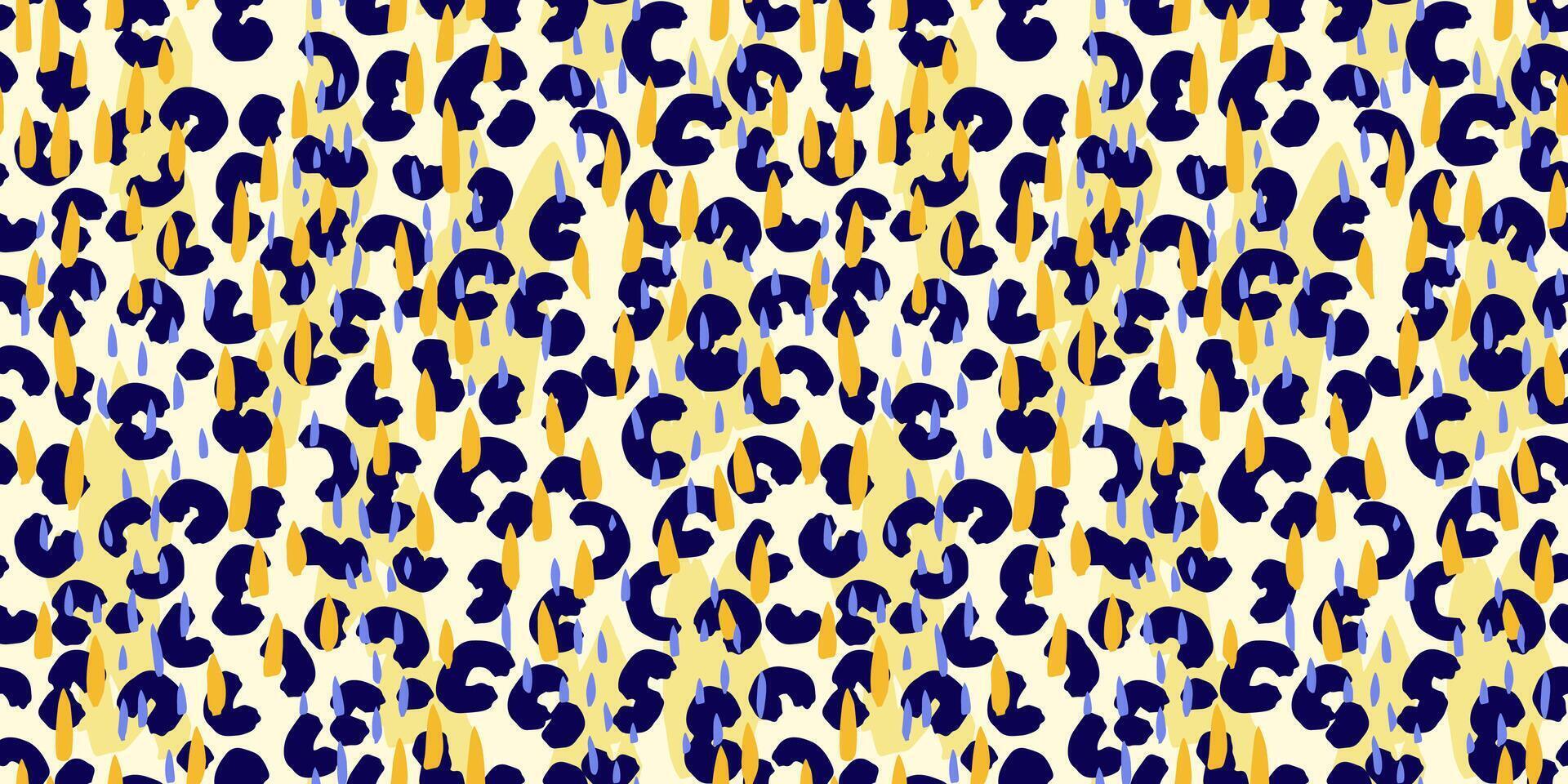 Summer seamless pattern with abstract leopard spots and colorful raindrop shapes in navy, blue and yellow. Bold and playful design for fashion and modern textile prints vector