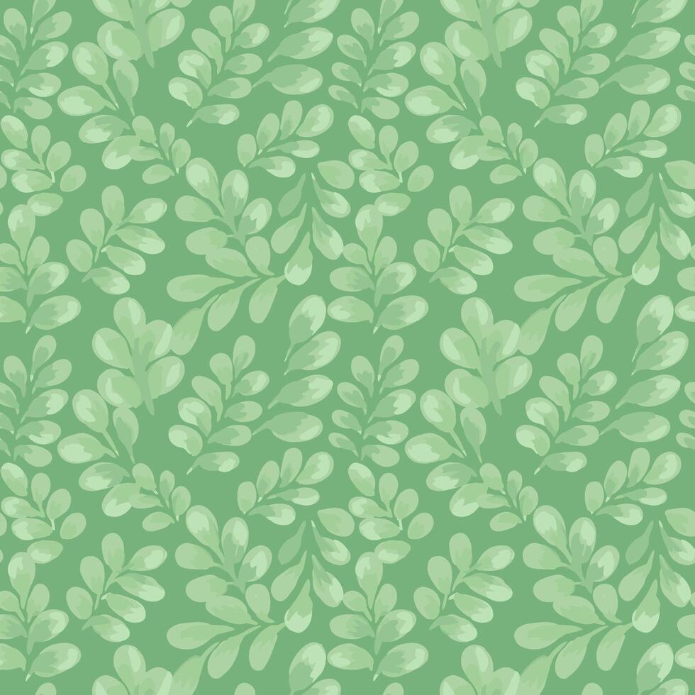 Seamless pattern featuring lush leaves on a soft mint green background. Pastel, hand painted foliage creates a bold and refreshing botanical design, perfect for fabric, wallpaper vector