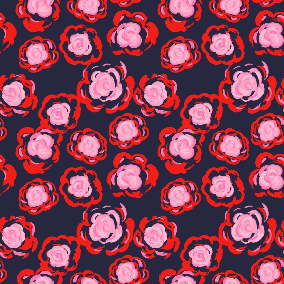 WebSeamless floral pattern with hand drawn pink and red abstract roses on a dark navy background. Bold and romantic design perfect for fabric, wallpaper, packaging, and surface prints vector