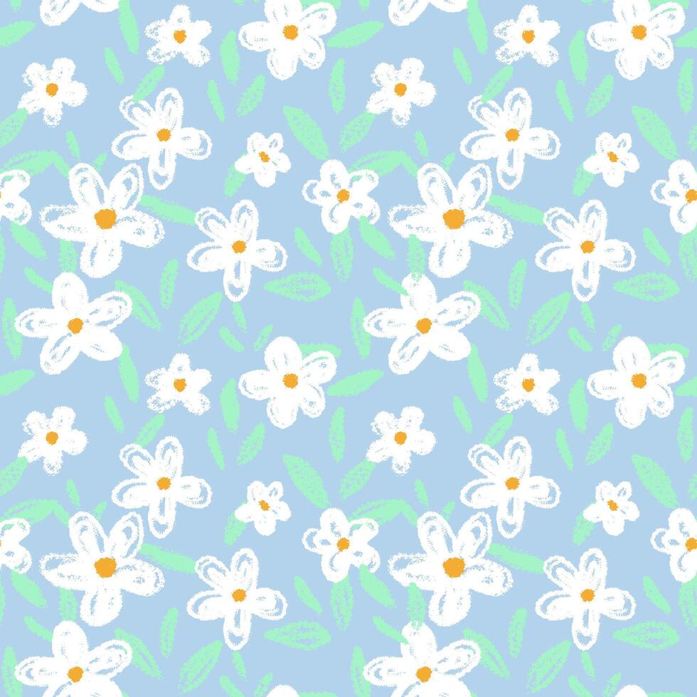 Seamless pattern with hand drawn flowers and leaves on a pastel blue background. Crayon texture gives a playful and cheerful feel. Template for kids design, fabric, stationery vector