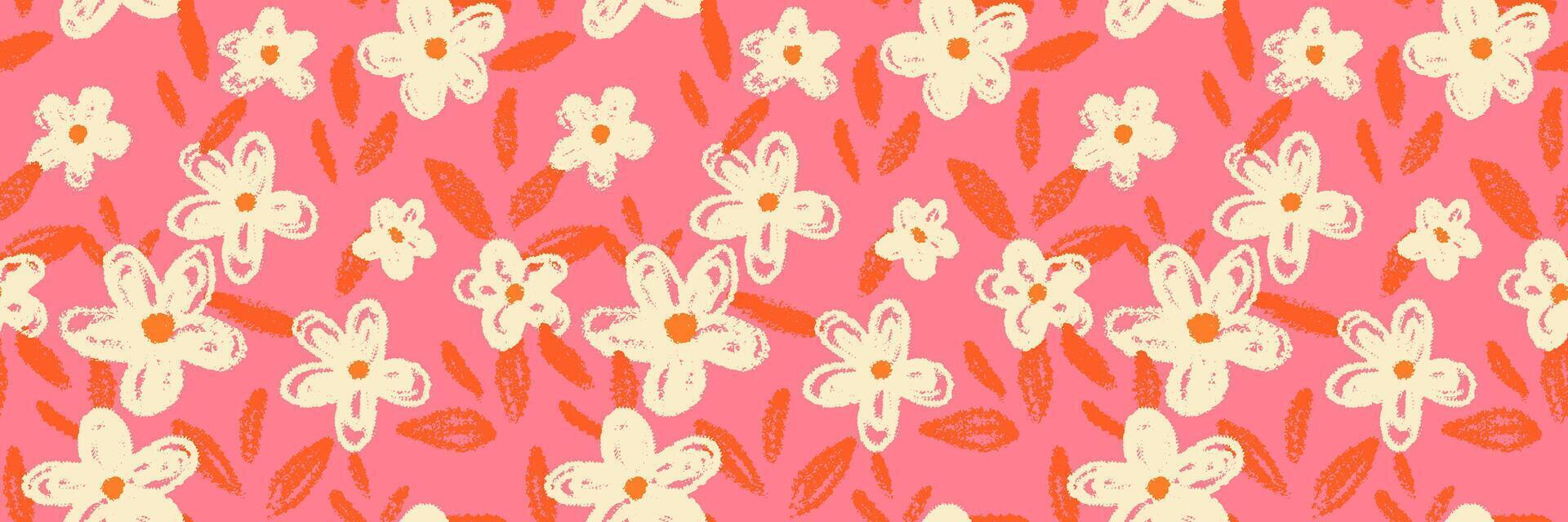 Seamless floral pattern with playful crayon style flowers and orange leaves on a pink background. Template for kids textiles, stationery, wrapping paper, cheerful designs vector