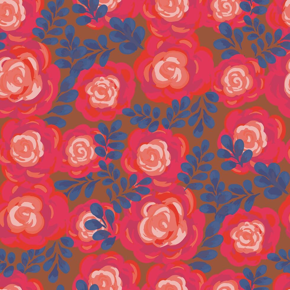 Seamless floral pattern with hand painted roses in red hues, complemented by lush blue leaves on a brown background. Perfect for fabric, wallpapers, packaging, stationery, branding vector
