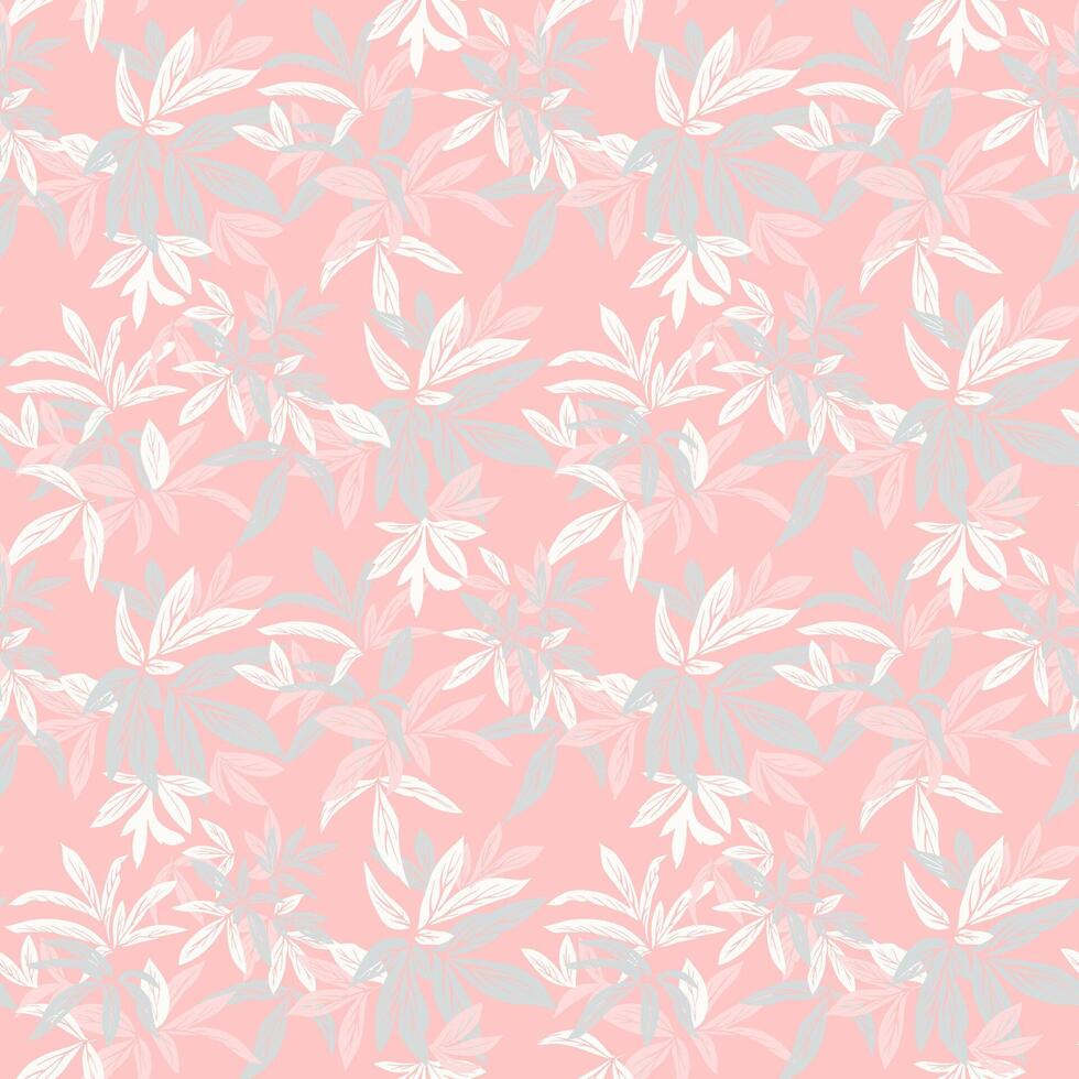 Seamless pattern with tropical leaves in shades of pastel, muted and light on a soft pink background. Nature ornament for fabric, wallpaper, packaging, and spring or summer themed designs vector
