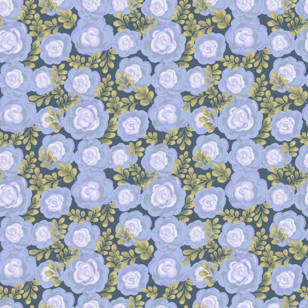 Seamless floral pattern with hand painted blue roses and green leaves on a depp background. Elegant brushstroke style, perfect for textiles, wallpaper, gift wrap, fashion, decor vector