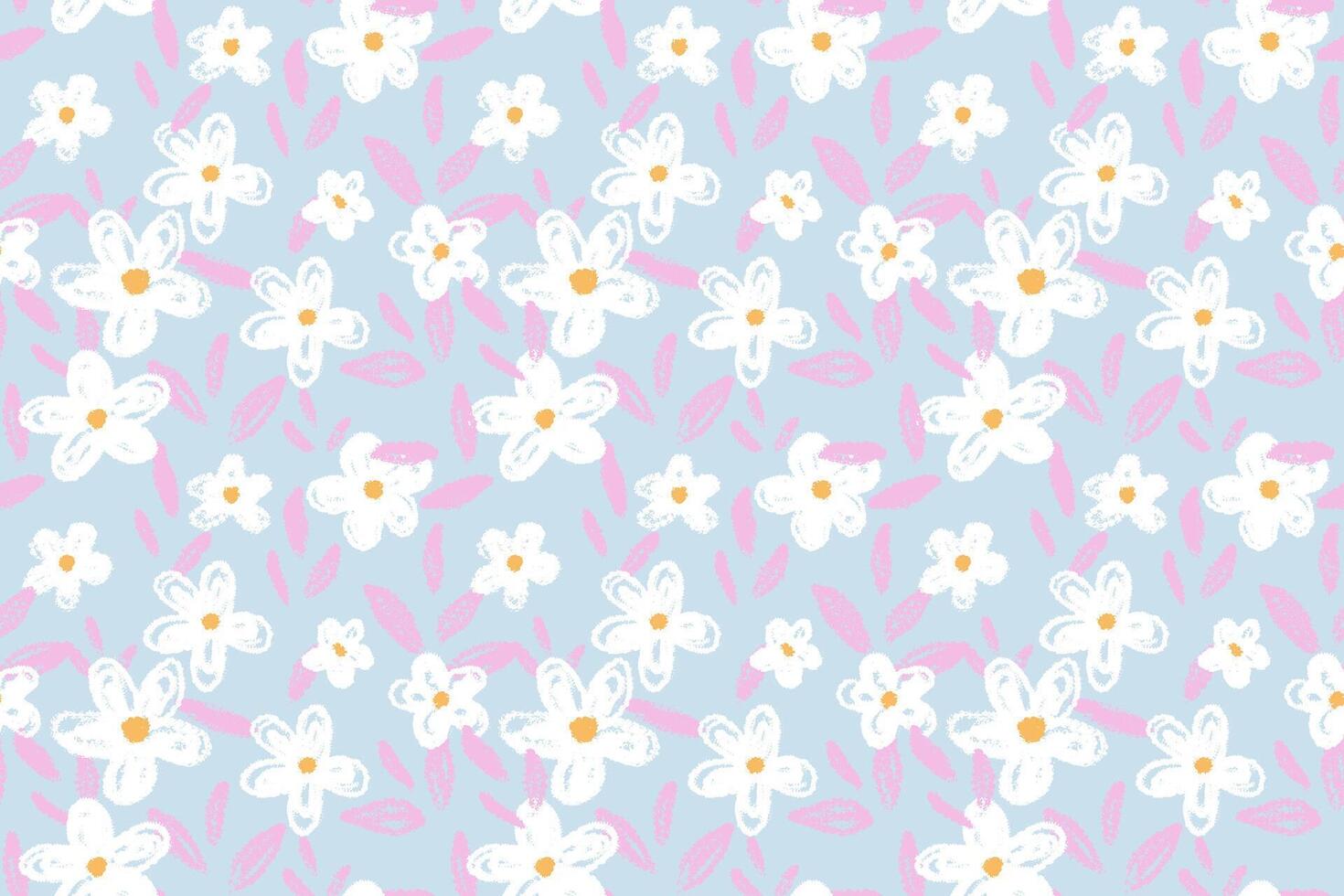 Seamless floral pattern with hand drawn white flowers and soft pink leaves on a patel blue background. Playful and artistic design for fabric, packaging, and stationery vector