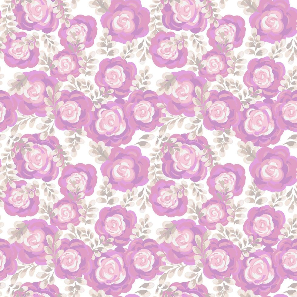 Hand painted floral seamless pattern featuring pink roses with light leaves on a white background. Artistic watercolor style, perfect for textiles, packaging, wedding invitations, and elegant designs vector