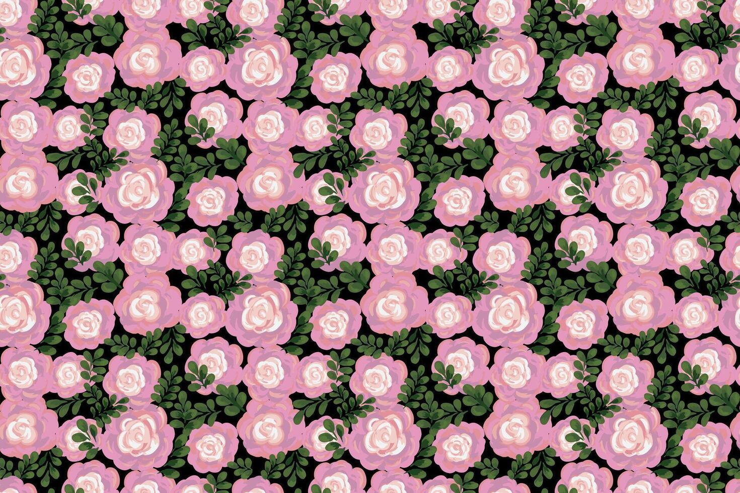 Seamless floral pattern with hand painted pink roses and lush green leaves on a black background. artistic brushstroke style, ideal for fabric, wallpaper, wrapping paper, and decor vector