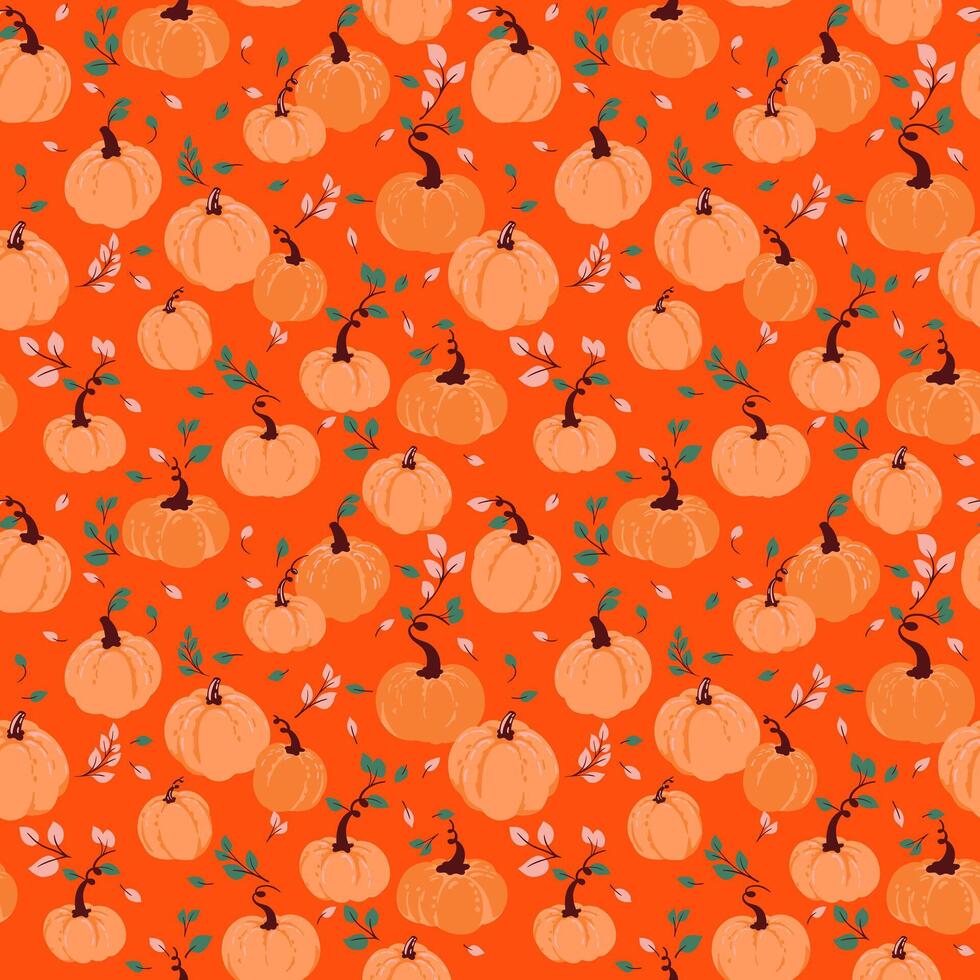Seamless pattern with hand drawn pumpkins and autumn leaves on a rich orange background. Template for fall designs, Thanksgiving decor, fabric prints, packaging, and seasonal projects vector