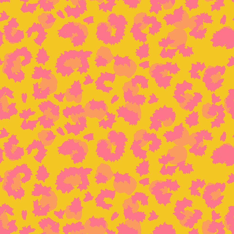 Trendy seamless pattern with a bold leopard print. Bright pink and orange spots on a vivid yellow background create a playful and eye catching animal inspired design vector