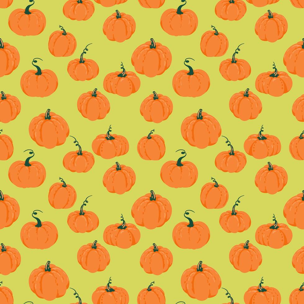 Seamless pattern with hand drawn orange pumpkins on a bright green background. Fun and festive design for fall decor, Halloween packaging, textile prints, seasonal projects vector
