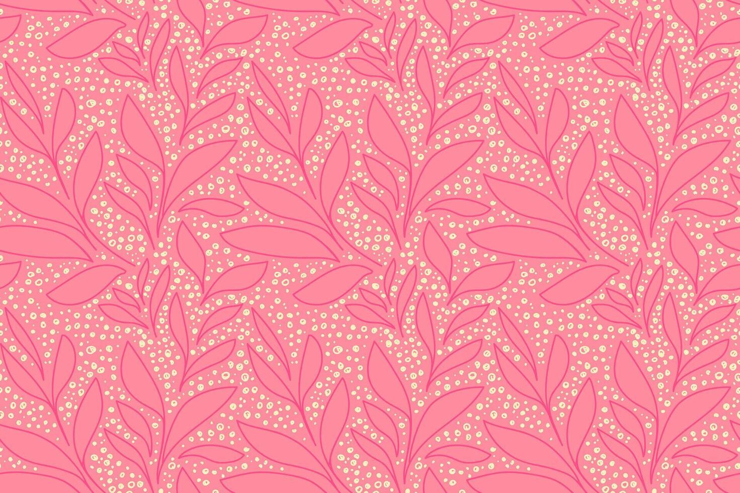 Seamless pattern with hand drawn botanical leaves and organic dots in a pink and yellow hue on a peach background. Simple design for textiles, wallpapers, packaging, stationery vector