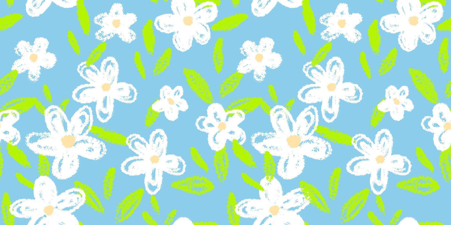 Playful seamless pattern with hand drawn white flowers and green leaves on a sky blue background. Cheerful and fresh design for kids textiles, wrapping paper, summer or spring decor vector