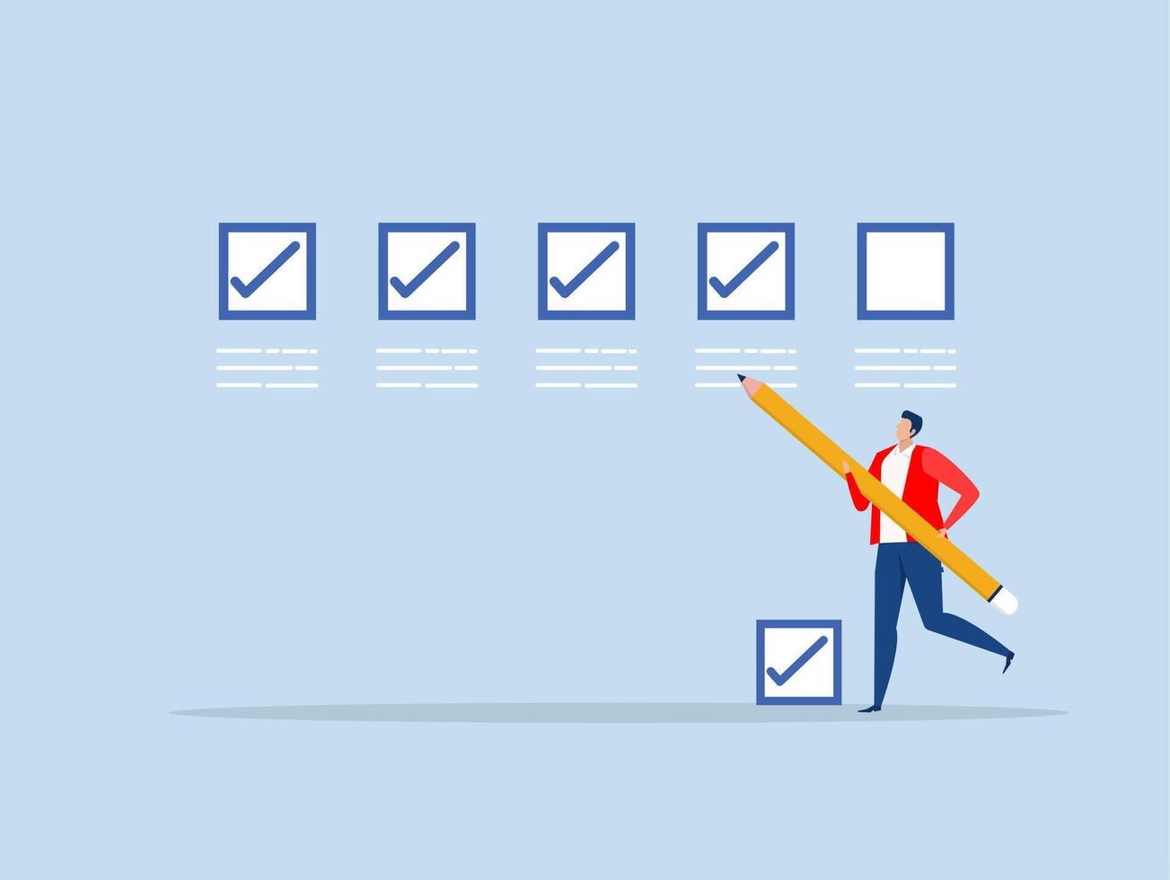 checking the list,businessman expert holding pencil tick all completed task checkbox,Getting things done, completed tasks achievement or project progression concept vector