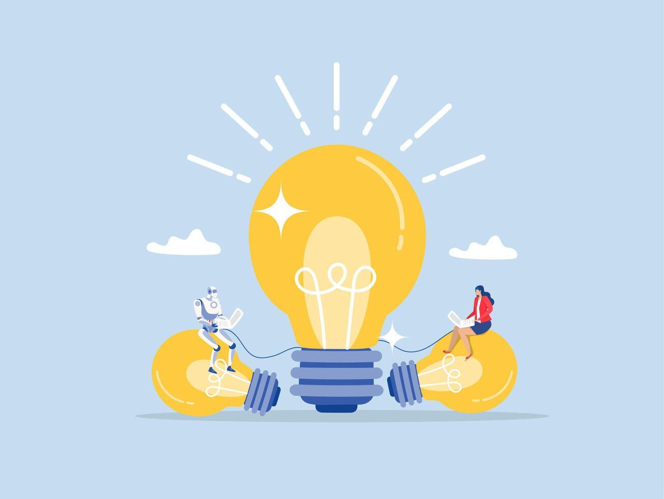 businesswoman and robot working with computer laptop on bright light bulb idea.creative idea to solve work problem, success discover new innovation concept,smart Artificial Intelligence vector