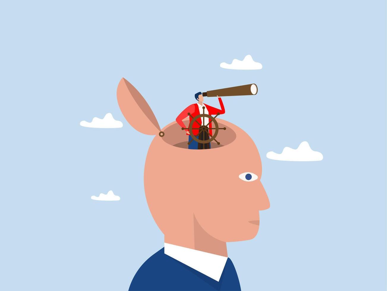 businessman boat captain control steering wheel helm with telescope vision,leader control steering on his head.visionary to lead company success, career direction or work achievement concept vector