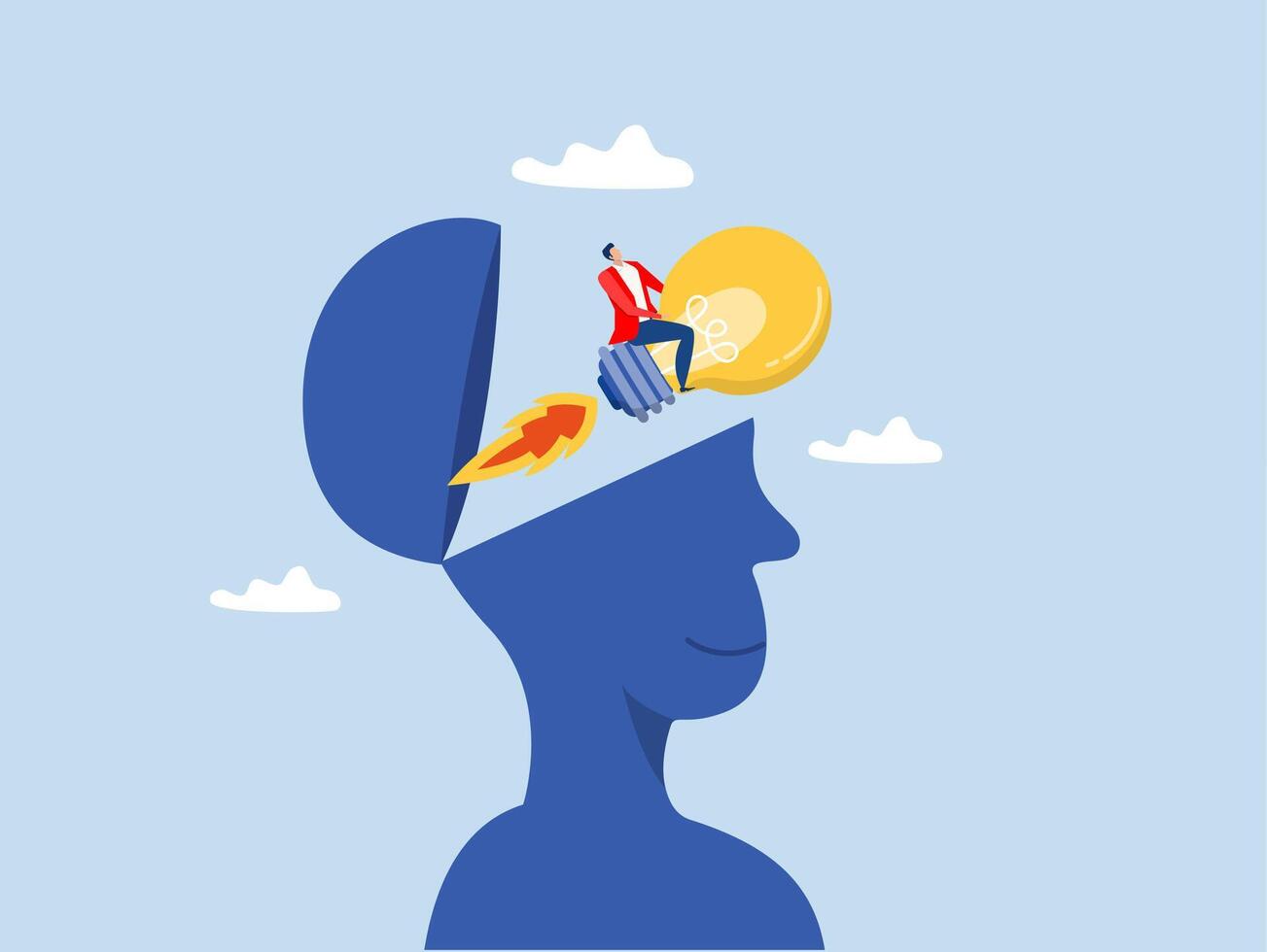Creative new idea,Businessman or leader with light bulb rocket booster, Creative new idea, innovation start up business or inspiration to achieve success goal concept vector