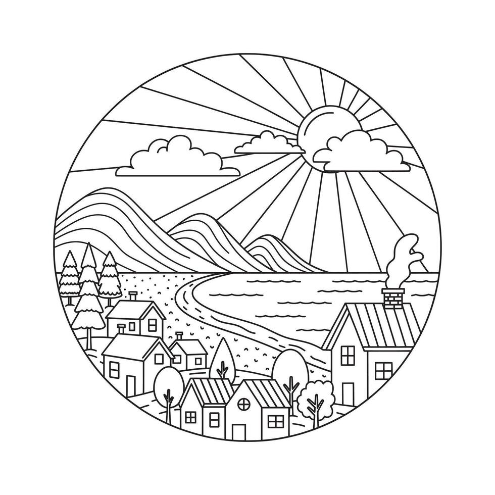 Sunny Coastal Village by the Mountains Lineart Illustration vector