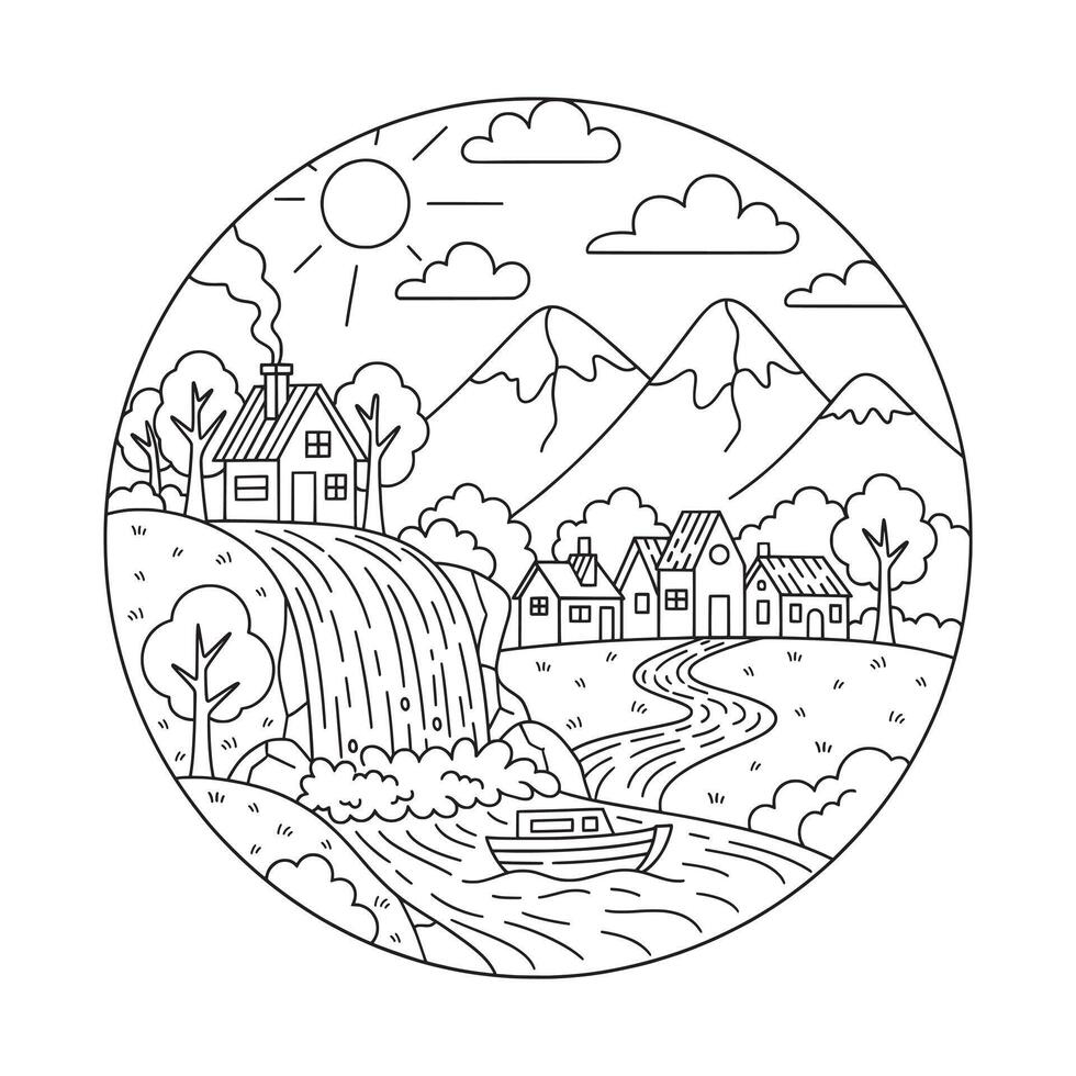 Idyllic Village by a Waterfall Lineart Illustration vector
