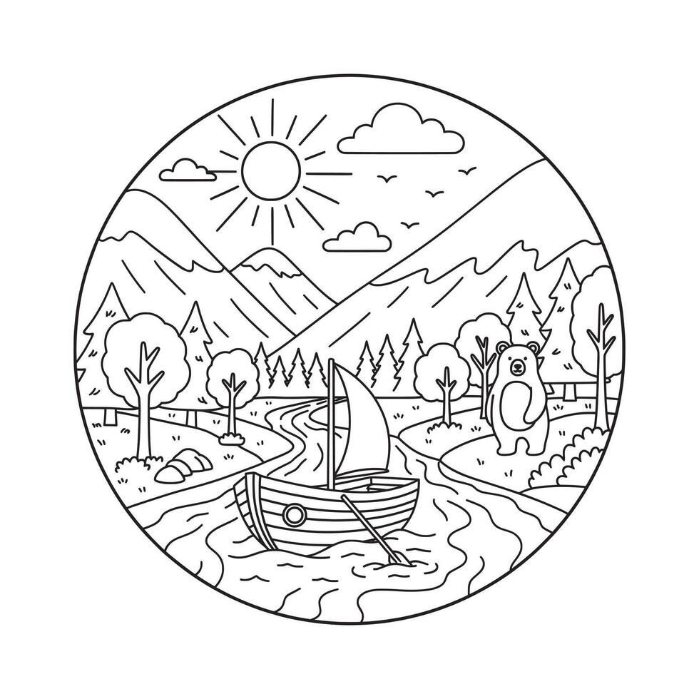 River Journey with Bear Lineart Illustration vector