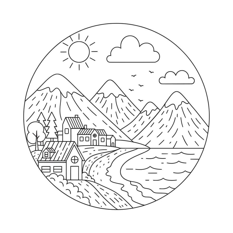 Sunny Coastal Village the Mountains Lineart Illustration vector